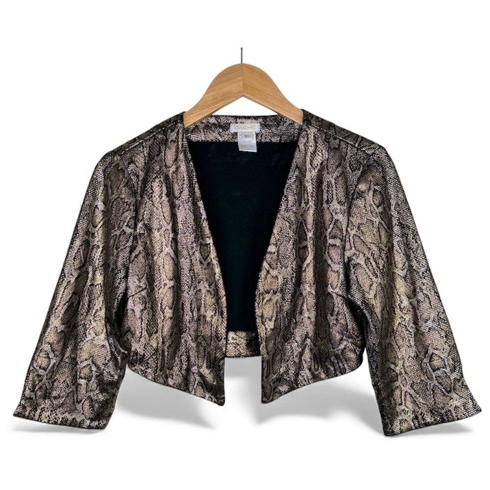 Vintage CACHE Y2K Shiny Metallic Snakeskin Print Open Front Bolero Crop Jacket